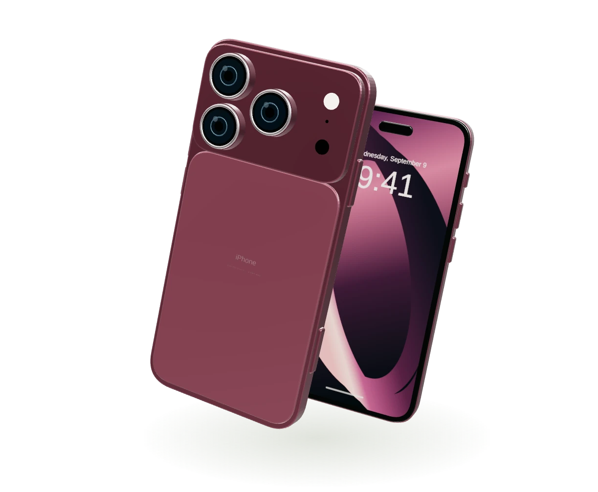 酒红色 iPhone 18 Pro Max 三维艺术演绎，铝金属机身与精密三镜头